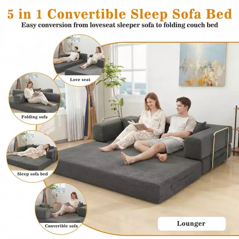 Dyonery 78 Klappsofabett, umwandelbares Cordsofa, Kingsize-Bodenschlafsofa, 4-in-1-DIY-Kombination, modulares Schlafsofa zum Ausklappen, bequemes Sofa.