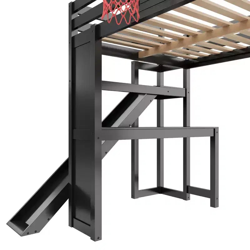 Luxystar großes Hochbett aus Holz mit Schreibtisch, Rutsche, Basketballkorb und Aufbewahrungstreppe für Kinder und Jugendliche