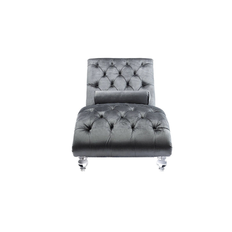 Chaise longue reclinabile imbottita in velluto con bottoni, cuscino e piedini in acrilico