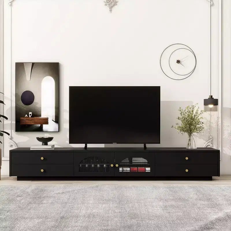 Tv-meubel voor een tv van 95 inch, extra lange mediaconsole met 2 deuren en 4 laden, grote tv-opbergkast en entertainmentcentrum met geribbelde glazen deuren