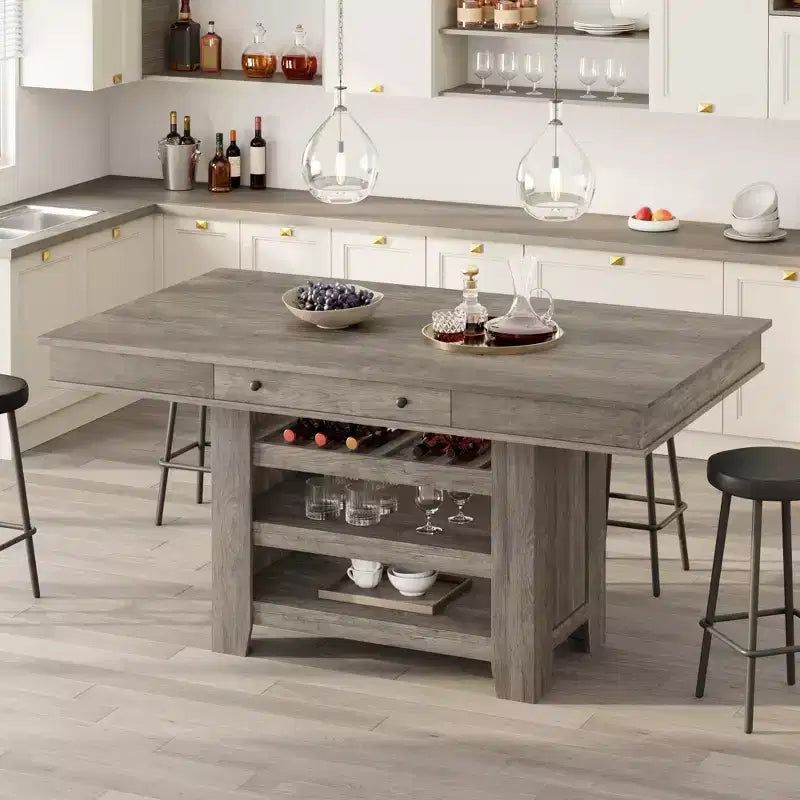 Isola da cucina da 60 pollici con contenitore, tavolo-isola fisso in stile rustico a 4 ripiani con ampio piano per cucina, sala da pranzo e soggiorno