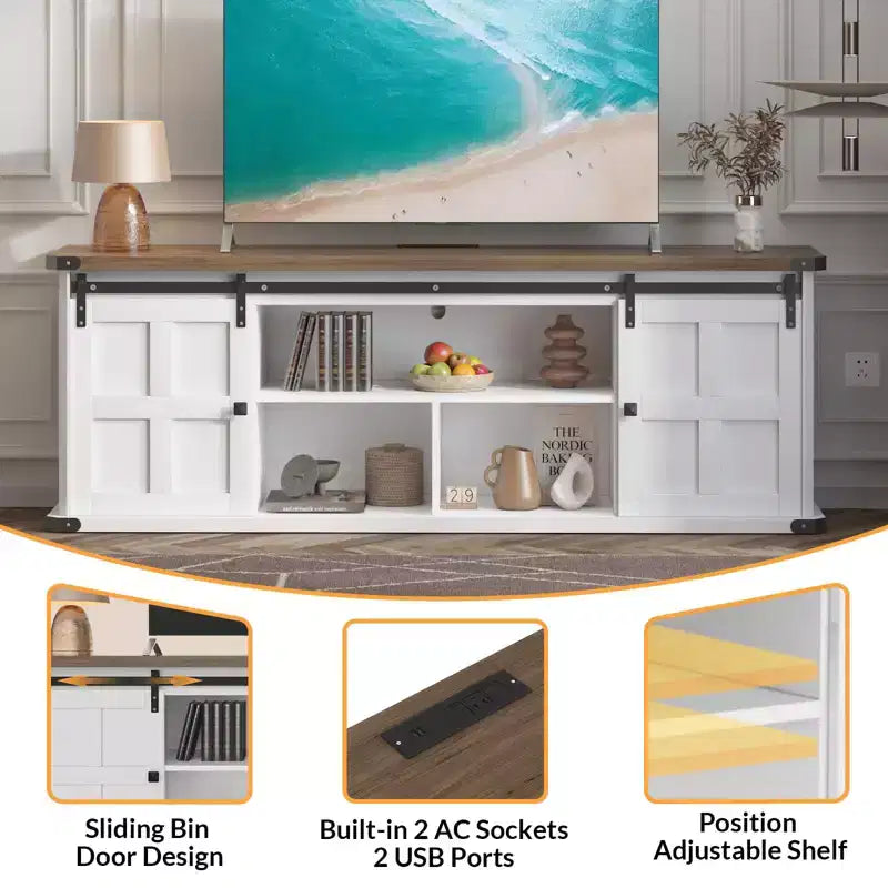 70-TV-Schrank für 75-Zoll-Fernseher, Unterhaltungsmöbel im Landhausstil mit Schiebetüren im Scheunentor-Stil und Stauraumschränken, moderner TV-Medienkonsolentisch