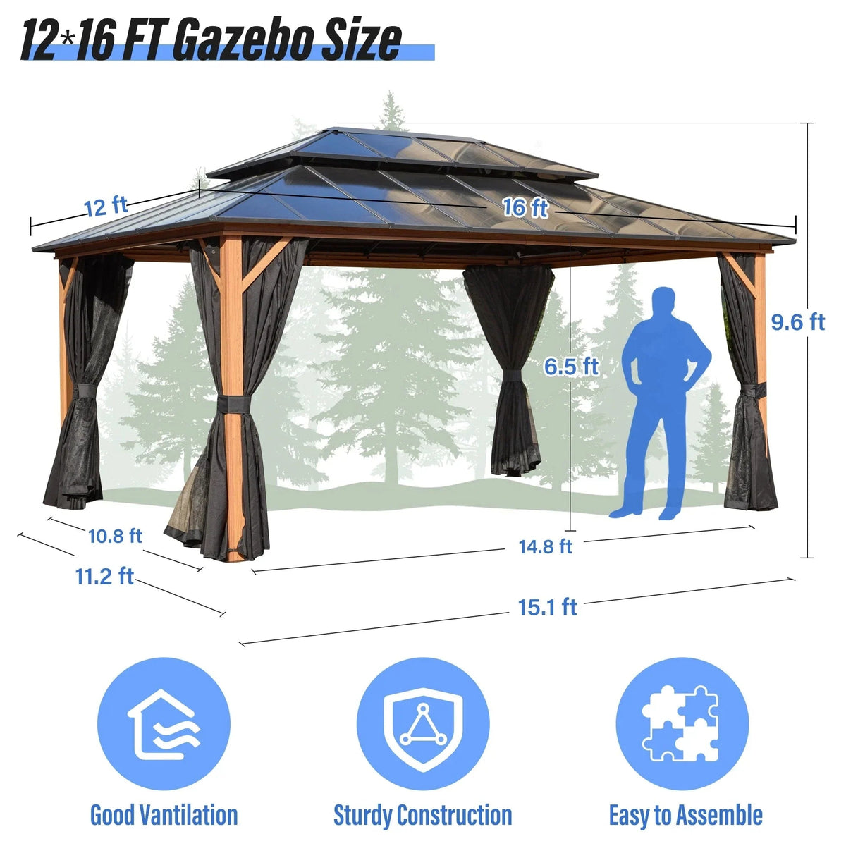 EROMMY hardtop-paviljoen, pergola voor buiten met dubbel dak, netten en gordijnen, extra stevig zonnescherm voor terras, achtertuin en zwembadfeest