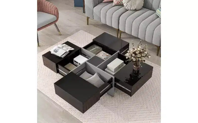 Table basse extensible avec plateau-puzzle et 4 compartiments de rangement cachés