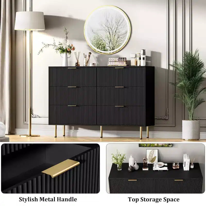 COZONY ladekast met 6 laden en geribbeld ontwerp, moderne houten opbergkast, brede ladekast voor slaapkamer, woonkamer en hal