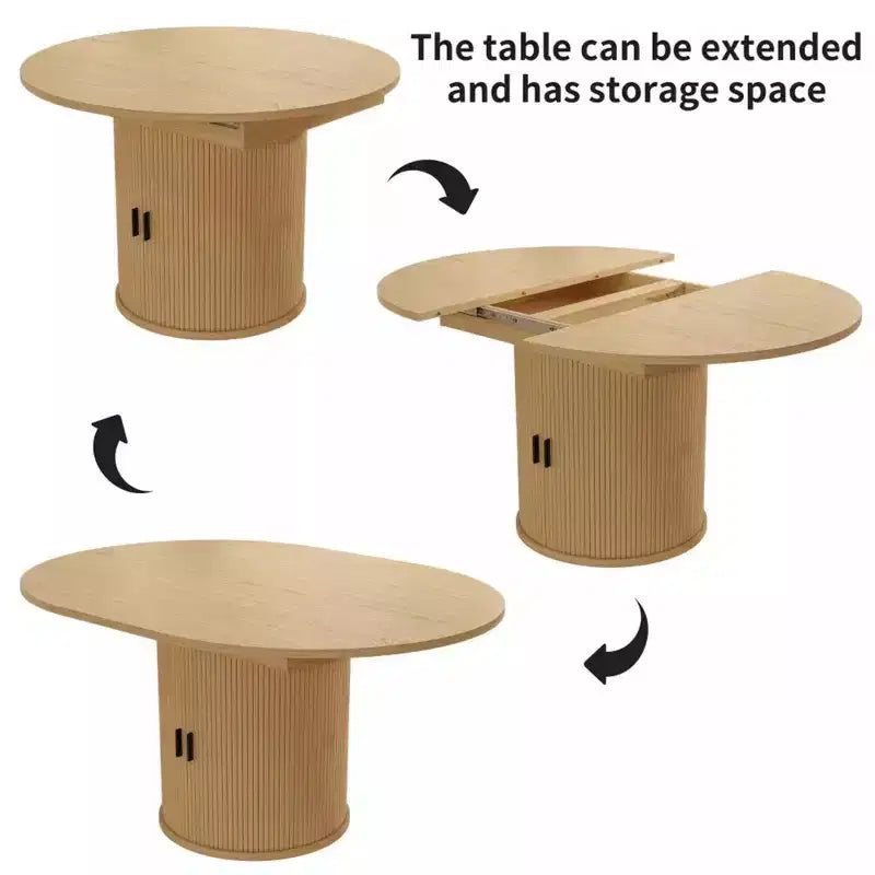 Tavolo da cucina e sala da pranzo rotondo allungabile Dyonery 63, con ripiano contenitore a 2 livelli e base a piedistallo, mobile da pranzo in legno ovale e circolare, noce