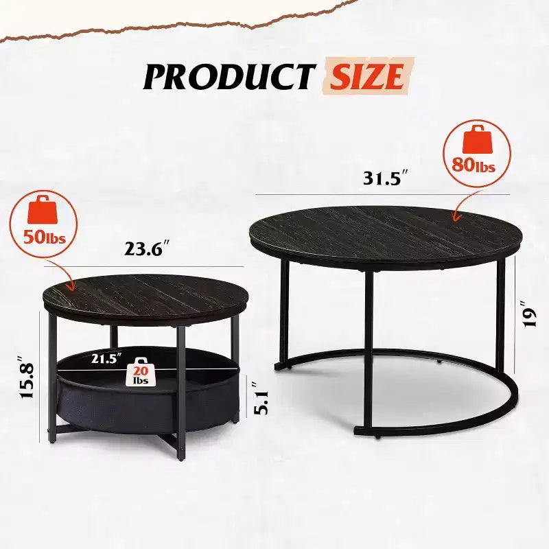 GALAXHERO set van 2 ronde nesttafels - salontafels van 31.5 met opbergruimte en metalen frame voor woonkamer/appartement
