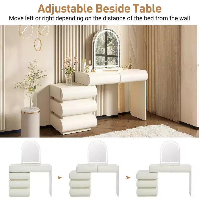 Luxe make-uptafel Whisen met spiegel, verplaatsbaar zijmeubel, 6 opberglades en kruk
