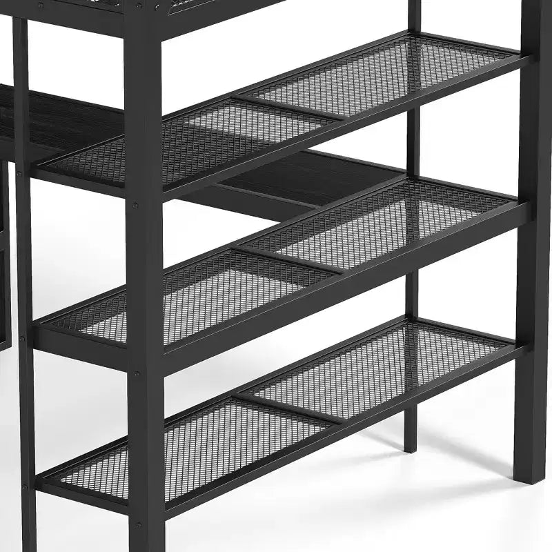 Bellemave metalen hoogslaper in queensize met bureau, opbergplanken en kledingroede, ruimtebesparend hoogslaperframe met veiligheidsrelingen en ladder, geen bedbodem nodig, zwart