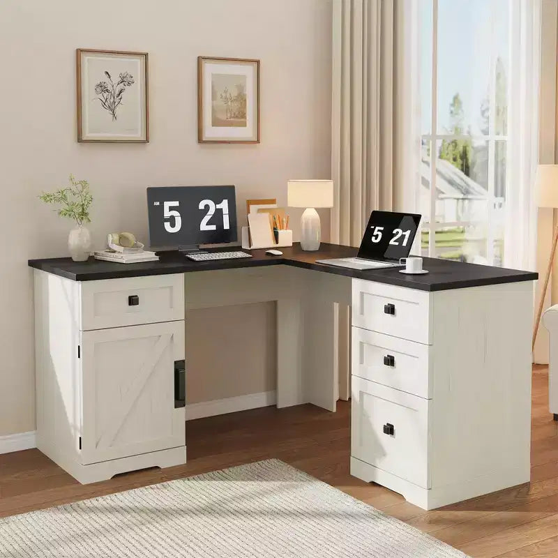 Scrivania direzionale angolare in stile rustico 60 a L, scrivania angolare per ufficio domestico con cassetto portadocumenti, mobile contenitore e ripiano regolabile
