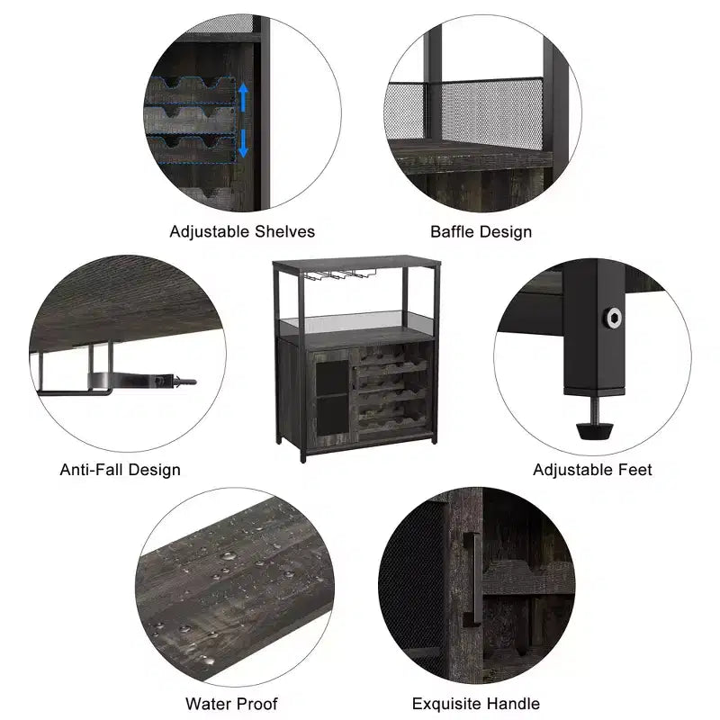 Grijze industriële wijnkast met 3 niveaus (12+ flessen) 36H x 24W x 15D, afneembaar rek, 9 glashouders en verstelbare planken voor thuis of de bar