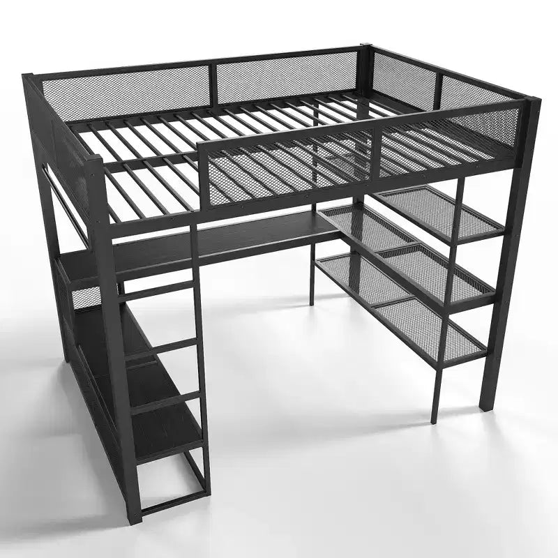 Bellemave metalen hoogslaper in queensize met bureau, opbergplanken en kledingroede, ruimtebesparend hoogslaperframe met veiligheidsrelingen en ladder, geen bedbodem nodig, zwart