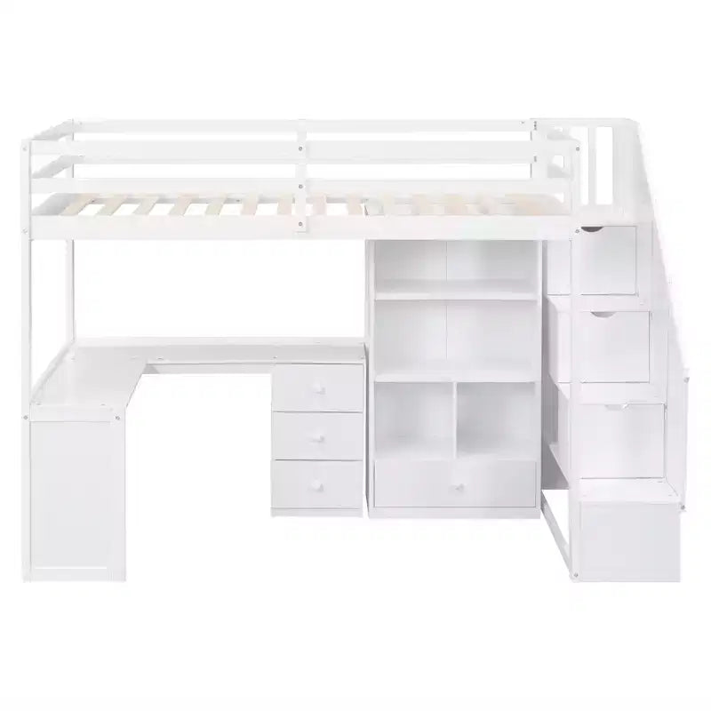 Lit mezzanine simple avec bureau en L, 3 tiroirs, armoire, rangement sous l’escalier, structure en pin massif/MDF