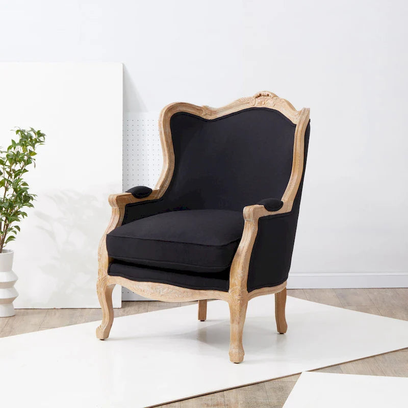 SAFAVIEH Couture Kali-vleugelstoel van eikenhout en natuurlijk linnen - 34Wx34Dx40H