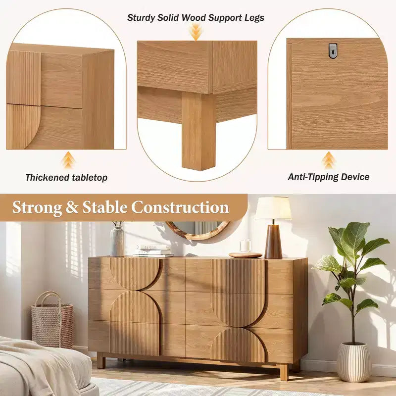 Moderne geometrische Kommode mit 6 Schubladen, breiter Stauraumschrank mit Halbkreismuster für Schlafzimmer und Wohnzimmer