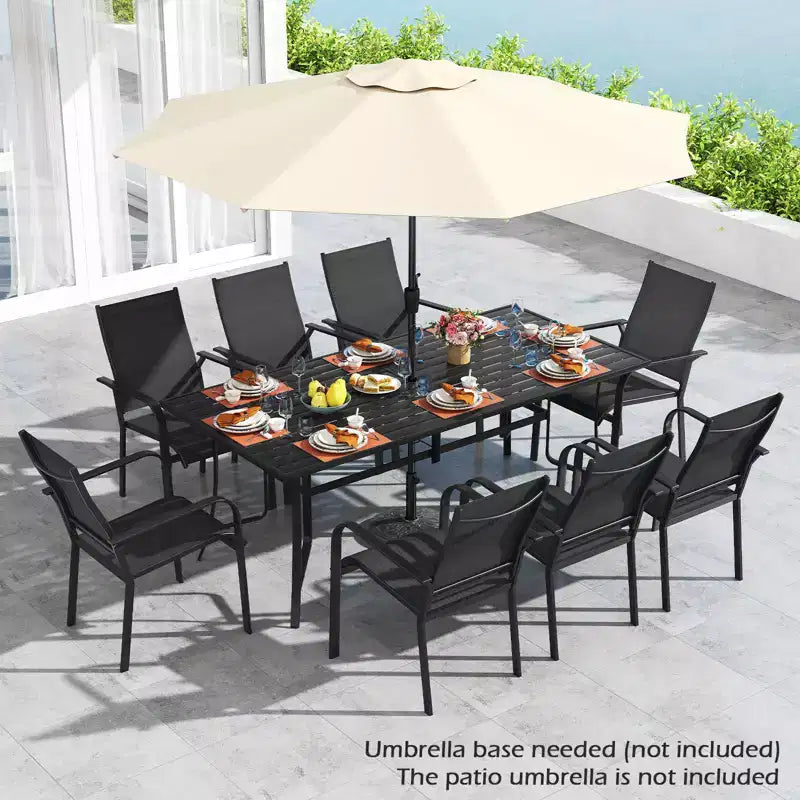 Gymax 9-teiliges Garten-Essset mit rechteckigem Tisch und stapelbaren Stühlen mit Sonnenschirmöffnung