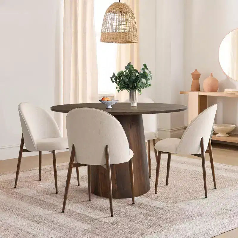 5-teiliges rundes Esszimmer-Set, 46-Zoll-Sockeltisch in Walnusston und gepolsterte Stühle ohne Armlehnen, für Frühstücksecken-Panipeachy