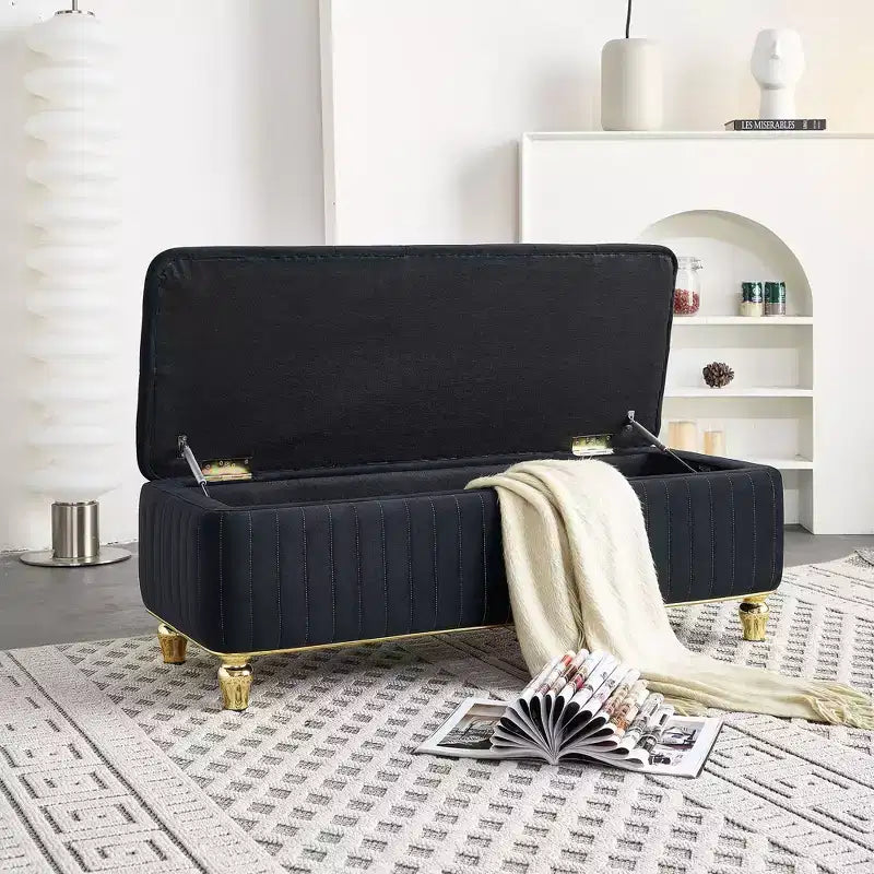 Okak Modern Luxury Flip Top Deep Button Ottoman Bench with Gold Decor & Metal Legs,Upholstered Storage Bench for Living Room,Bedroom
