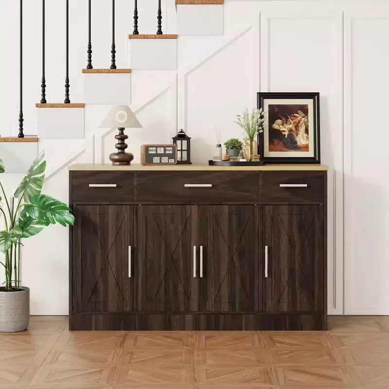 Credenza Celebalcony con contenitore, grande mobile da cucina da 53.4 con 3 cassetti e 4 ante, ripiano regolabile per cucina e soggiorno