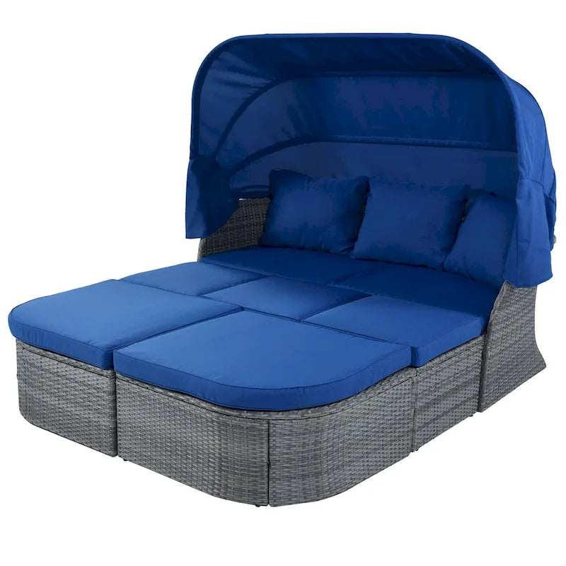 Graues Outdoor-Daybed aus Rattan mit Kissen und ausziehbarem Sonnendach