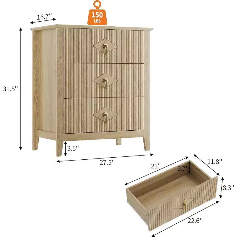 Lot de 2 tables de chevet en bois cannelé, commode de 27.5 de large à 3 tiroirs, tables de chevet modernes, commode pour chambre ou salon