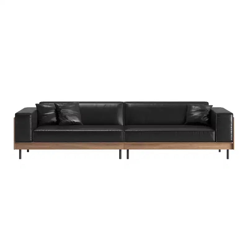 Divano contemporaneo in pelle da 98.42 con struttura in legno massello, gambe in metallo e 3 cuscini decorativi