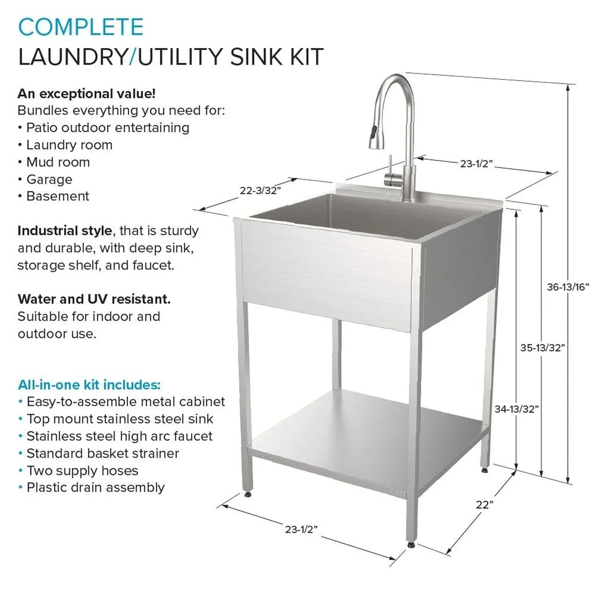 Évier de buanderie et support de lavage en acier inoxydable, 24-in W x 22-in P x 35-in H