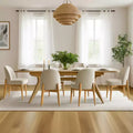 Eetkamerset met 7 delen, uitschuifbare tafel van 78-96 met schraagonderstel en gestoffeerde stoelen met poten van massief hout-Panipeachy