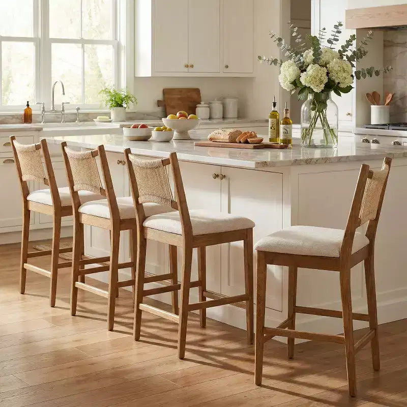 Christopher Knight Home Natalie moderne Thekenhocker aus Rubberwood mit Polsterung und geflochtener Rückenlehne aus Seil (4er-Set)