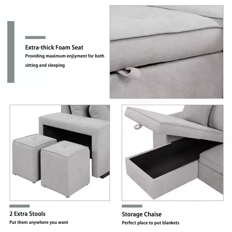 Divano componibile letto reversibile a L da 104.5 con chaise longue contenitore e 2 sgabelli - Divano letto trasformabile a 3 posti per il soggiorno