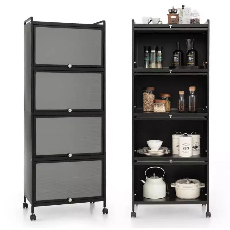 Étagère de cuisine Costway à 5 niveaux avec placard de rangement, support mobile pour micro-ondes et portes relevables, blanc/noir/gris/vert