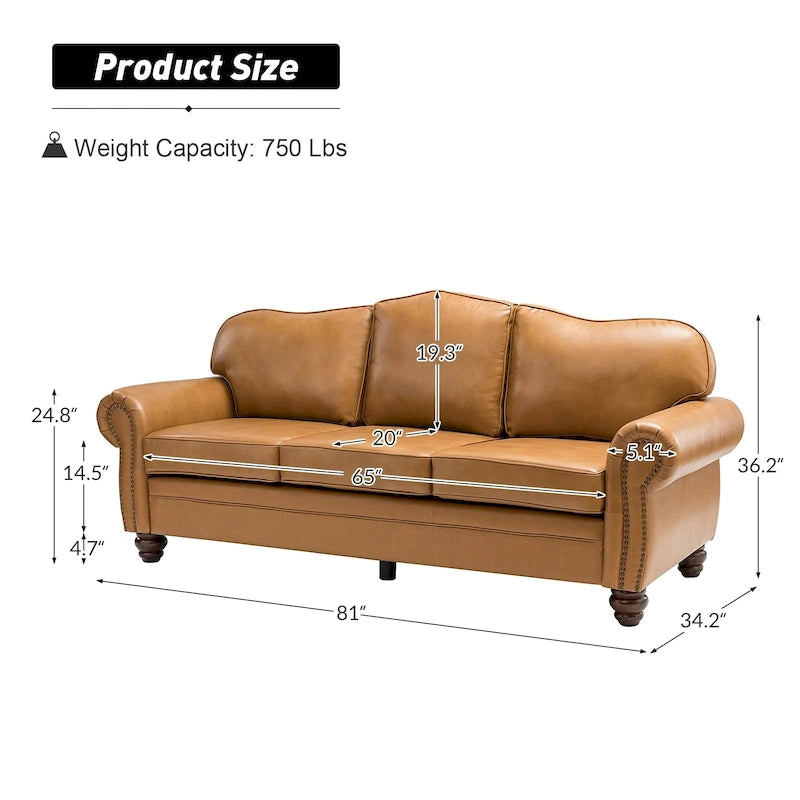 Balvino Sofa mit 81 cm Breite, im Übergangsstil, aus echtem Leder, mit gerollten Armlehnen, Nagelkopfbesatz und abnehmbaren Kissen