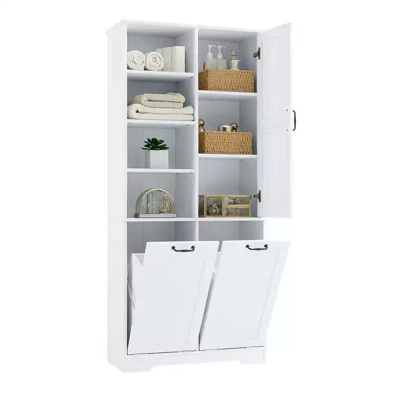 Meuble de rangement pour salle de bains avec portes et tiroirs, panier à linge basculant, nombreux espaces de rangement, modèle autoportant