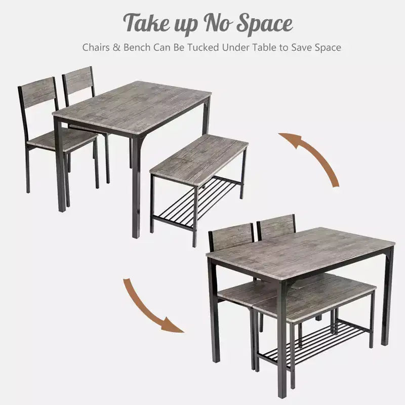 Costway eettafelset met 4 delen, rustieke tafel, 2 stoelen en bank met opbergrek