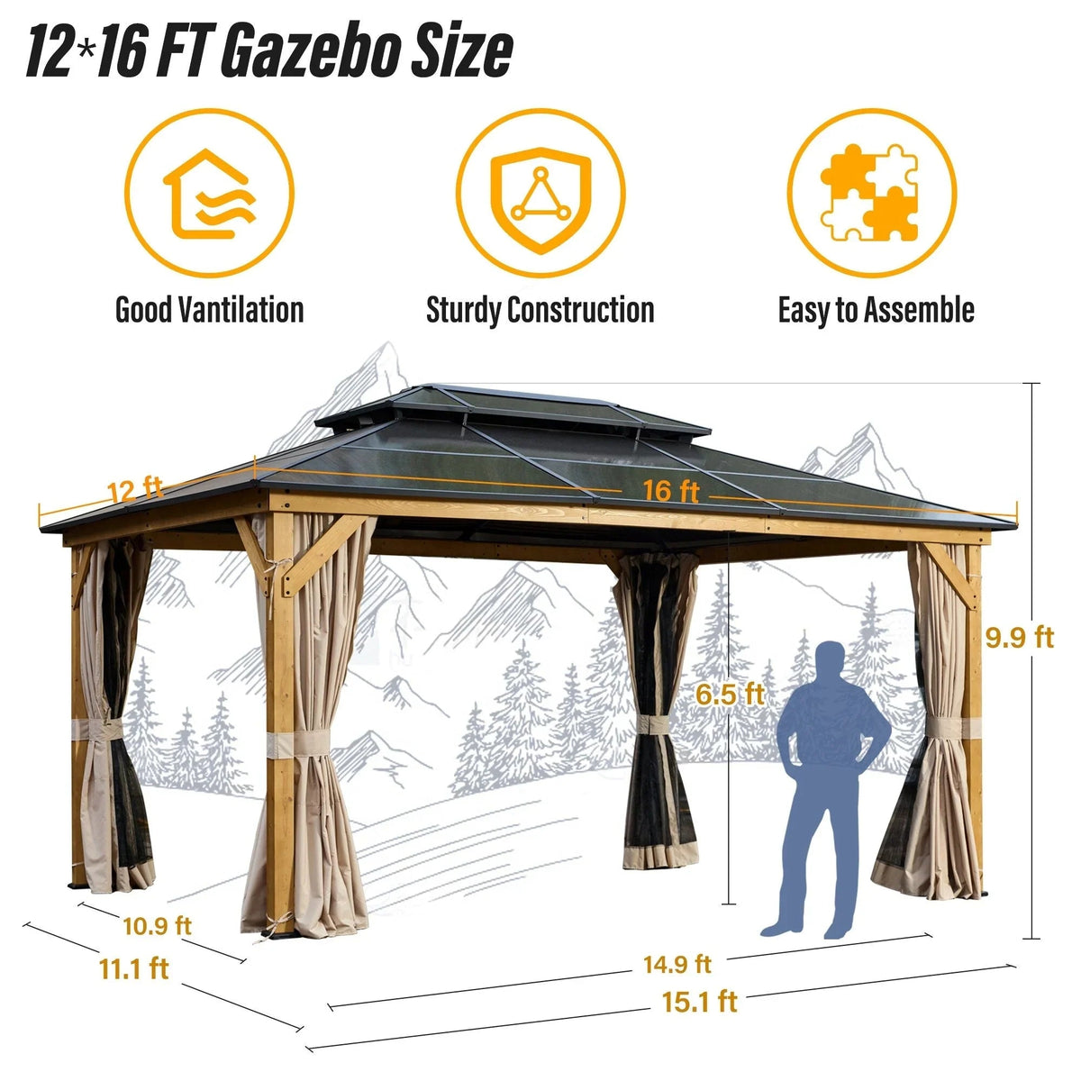 EROMMY hardtop-paviljoen, pergola voor buiten met dubbel dak, netten en gordijnen, extra stevig zonnescherm voor terras, achtertuin en zwembadfeest