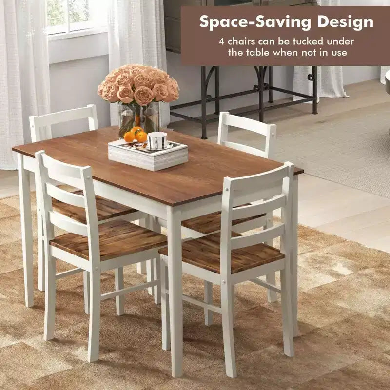 Costway 5-delige eetkamerset van massief hout, keukenmeubels met rechthoekige tafel en 4 stoelen, naturel/koffiekleur/grijs