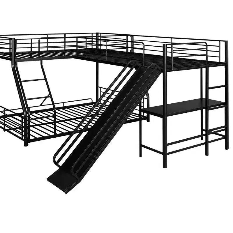 Lit superposé en métal avec lits jumeaux et grand lit, lit superposé en forme de L pour 3 enfants, lit superposé triple robuste avec bureau et toboggan, noir