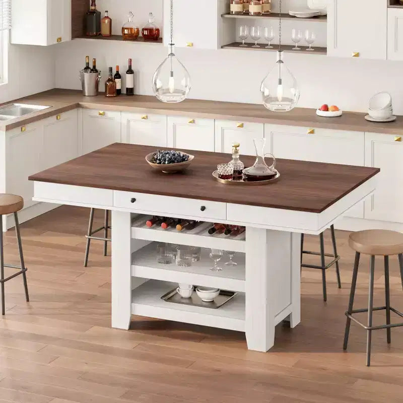 60-Zoll-Kücheninsel mit Stauraum, stationärer Küchentisch im Landhausstil mit 4 Ebenen und großer Arbeitsplatte für Küche, Esszimmer und Wohnzimmer