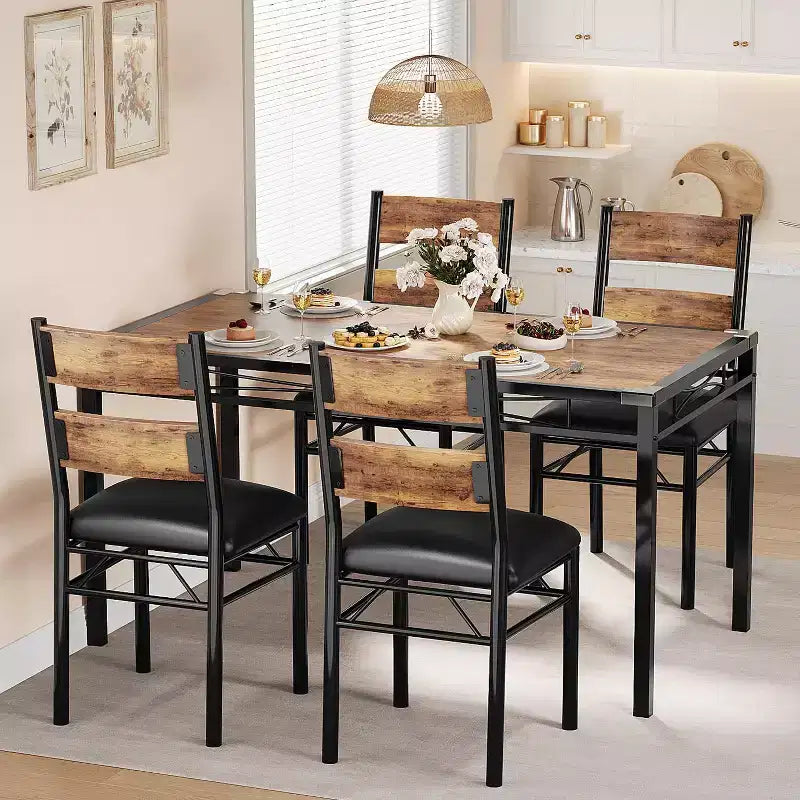 Esszimmertisch-Set für 4 Personen, Küchentisch aus Holz mit 4 gepolsterten Stühlen, Küchentisch- und Stuhlset mit Aufprallwinkel für kleine Räume, Küche