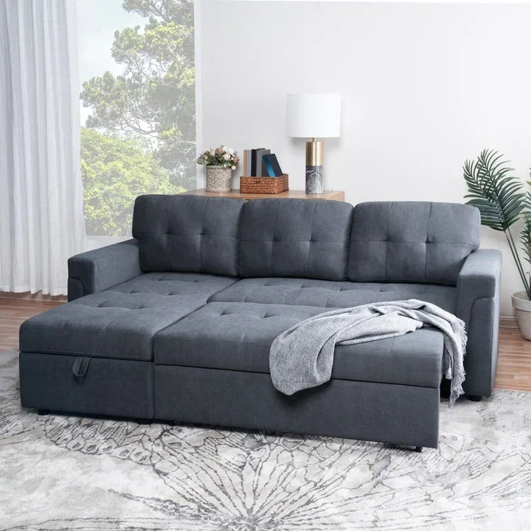 Umbaubares, beidseitig montierbares Ecksofa mit ausziehbarem Schlafbett, verstecktem Stauraum in der Recamiere und robusten Beinen