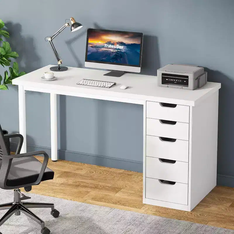 Bureau d’ordinateur Lantine avec 5 tiroirs, bureau moderne et sobre de 47 pouces pour le télétravail, les études et l’écriture, idéal pour les petits espaces