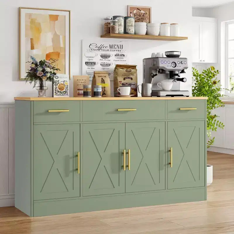 Credenza Celebalcony con contenitore, grande mobile da cucina da 53.4 con 3 cassetti e 4 ante, ripiano regolabile per cucina e soggiorno