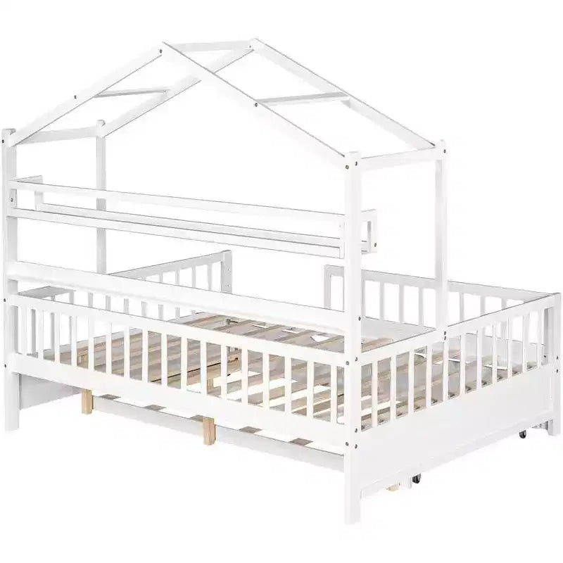 Lit cabane Acekool pour lit double avec lit gigogne simple, tiroirs de rangement et étagères, toit et barrières, lit plateforme pour enfants, blanc