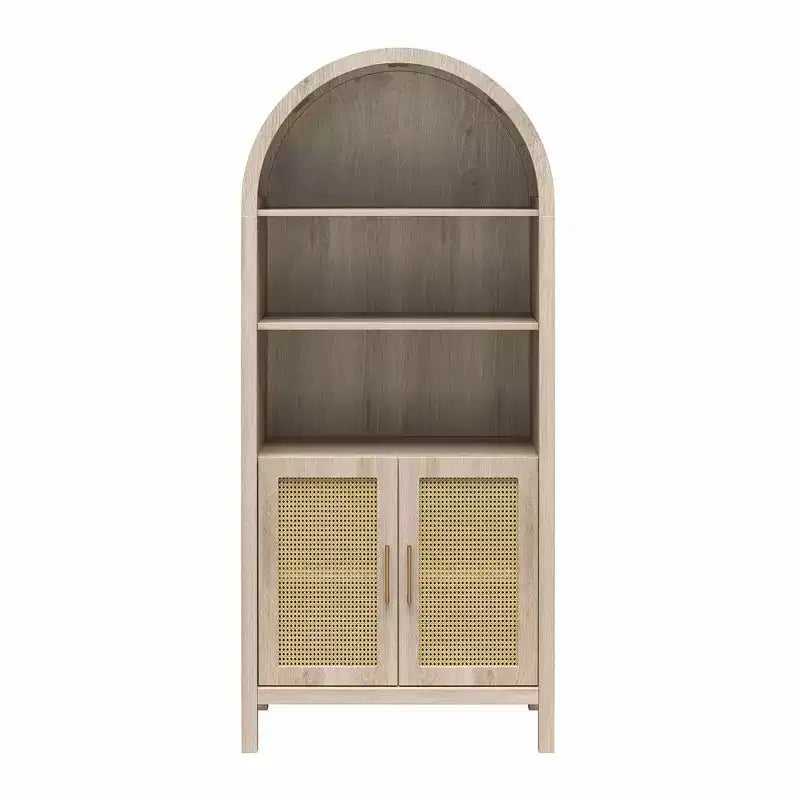 Vitrine bohème à portes cintrées avec 2 portes en faux rotin, 5 étagères réglables pour salon ou cuisine, beige