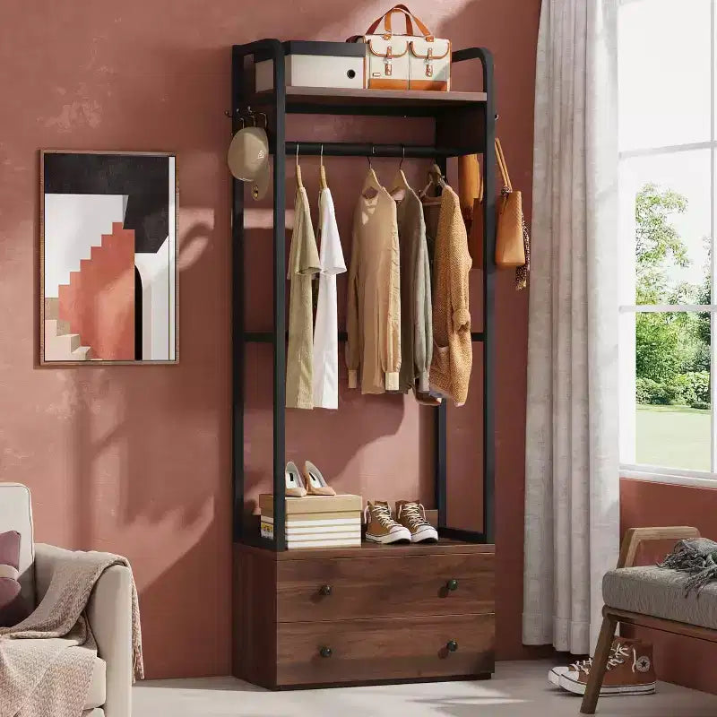 Lantine vrijstaande kledingkastorganizer, klein kledingrek met laden en planken, stevig kledingrek voor hal, entree en slaapkamer