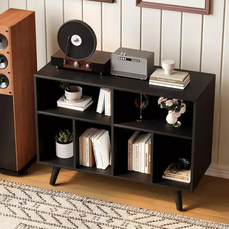 COZONY platenspelermeubel met vinylopslag, decoratieve boekenkast en platenspelerstandaard van 39.5, geschikt voor maximaal 350 platen, voor de woonkamer