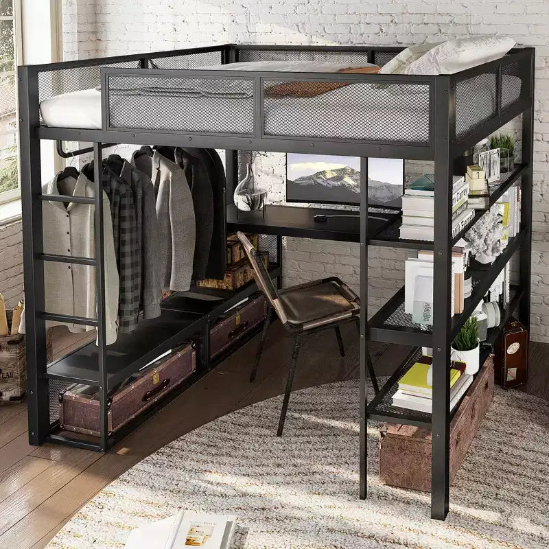 Bellemave metalen hoogslaper in queensize met bureau, opbergplanken en kledingroede, ruimtebesparend hoogslaperframe met veiligheidsrelingen en ladder, geen bedbodem nodig, zwart