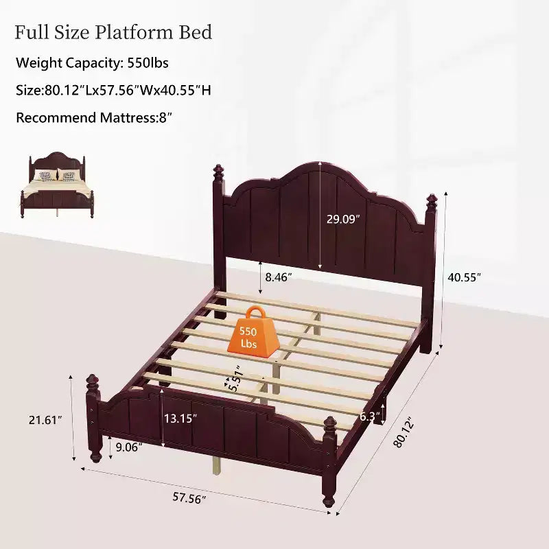 Vintage-Queen-Plattformbettgestell - Massives Kiefernholz, MDF-Kopfteil, kein Boxspring erforderlich