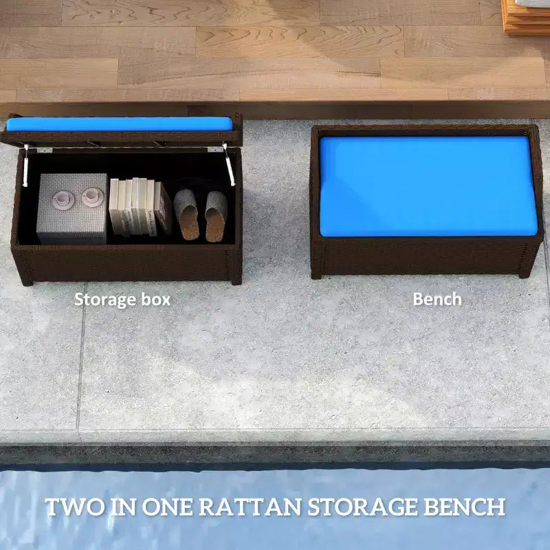 Banc de rangement extérieur en osier avec coussin