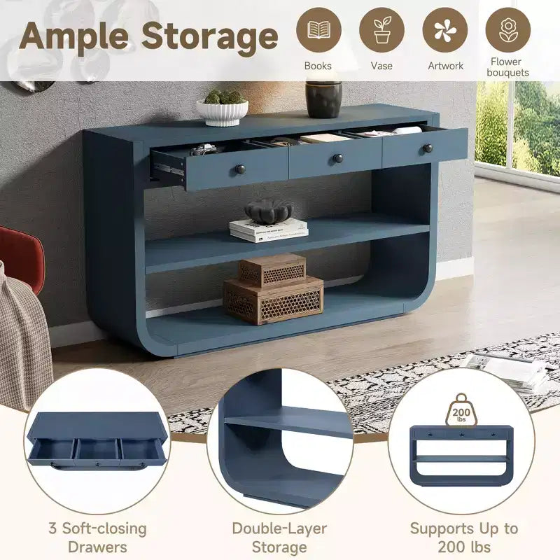 ModernLuxe gebogen sidetable, haltafel, bijzettafel naast de bank, displaystandaard en accenttafel met 3 softclose-lades en 2 open vakken